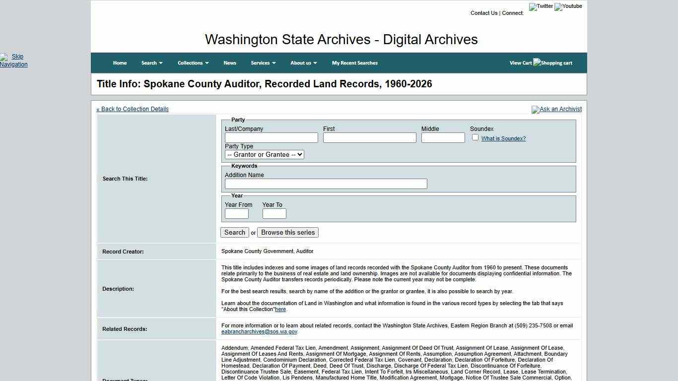 Washington State Archives, Digital Archives - Title Info: Spokane County Auditor, Recorded Land Records, 1960-2026