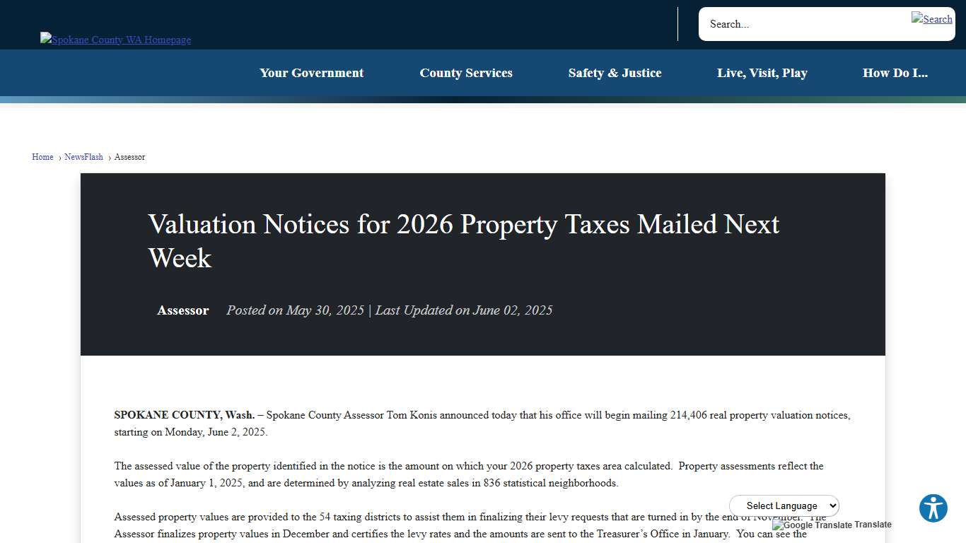 Valuation Notices for 2026 Property Taxes Mailed Next Week • Spokane County, WA